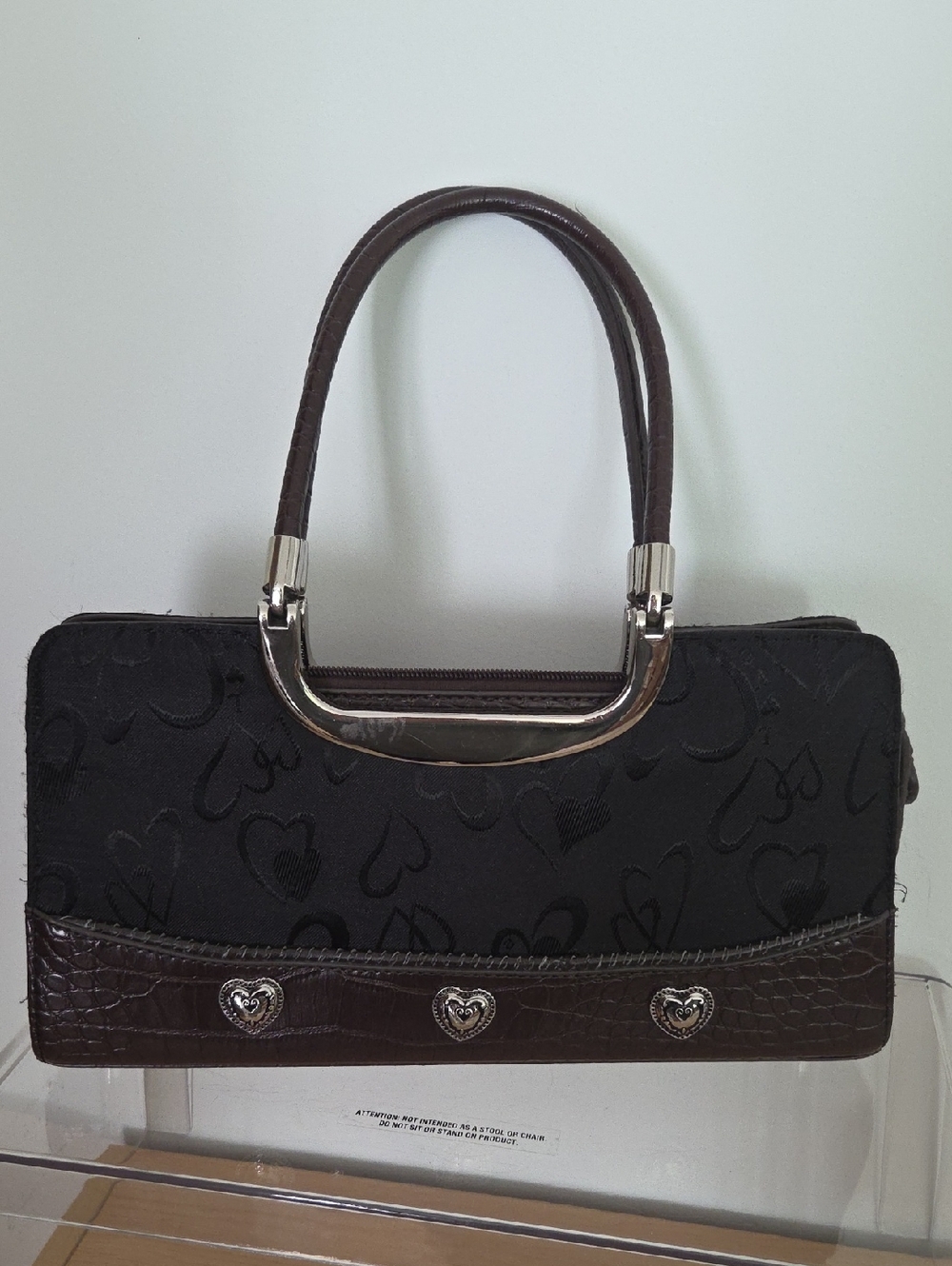 Brown & black croc satchel w/metal heart accents